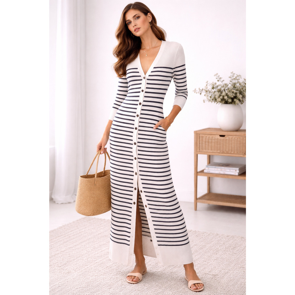 Loft Womens Striped Knitted Dress Medium Minimalist Coastal Preppy Capsule Chic